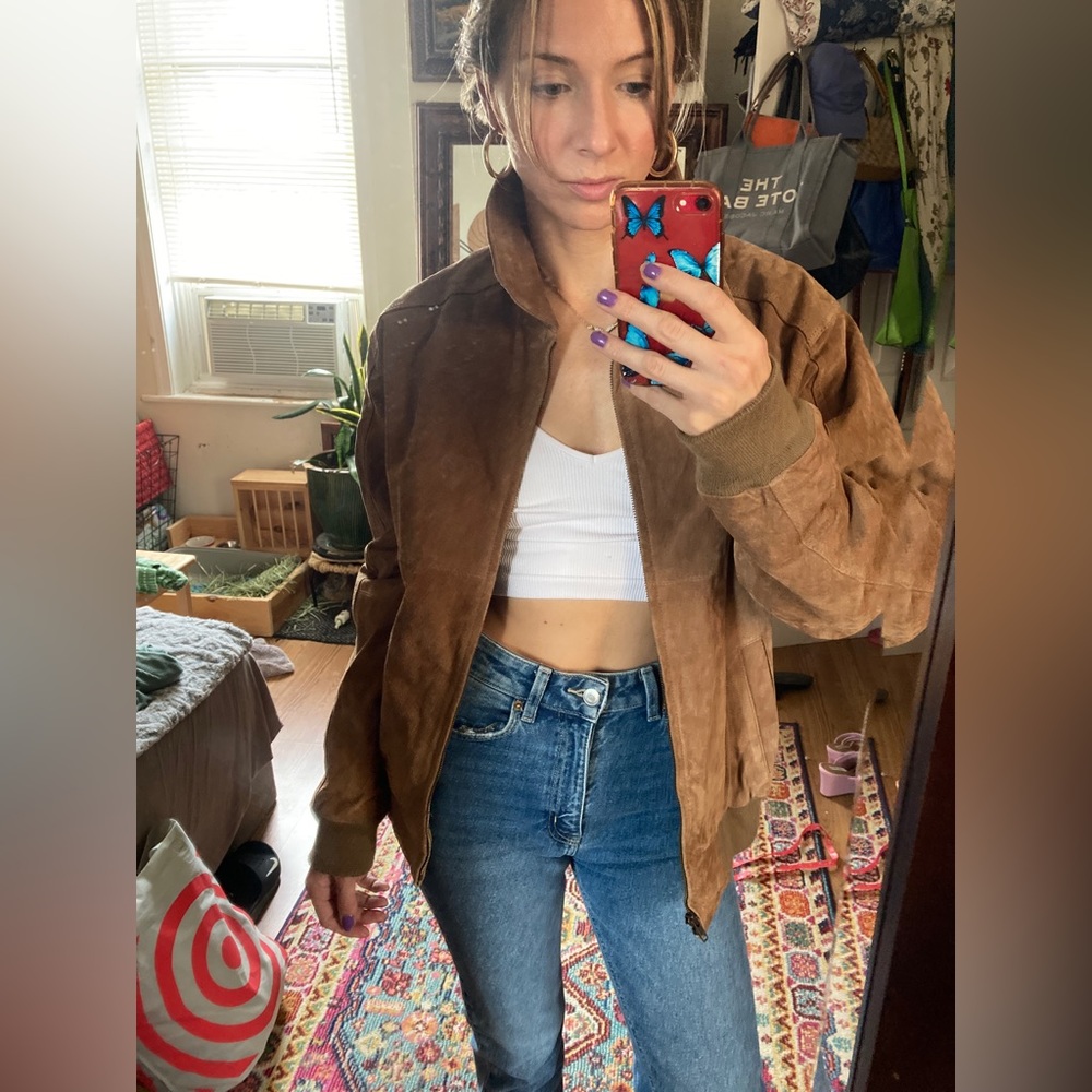 camel tan suede collared bomber jacket